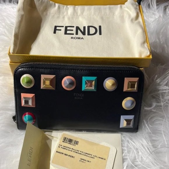 EUC Fendi Vitello Liberty Studded Zip Around Wallet Black